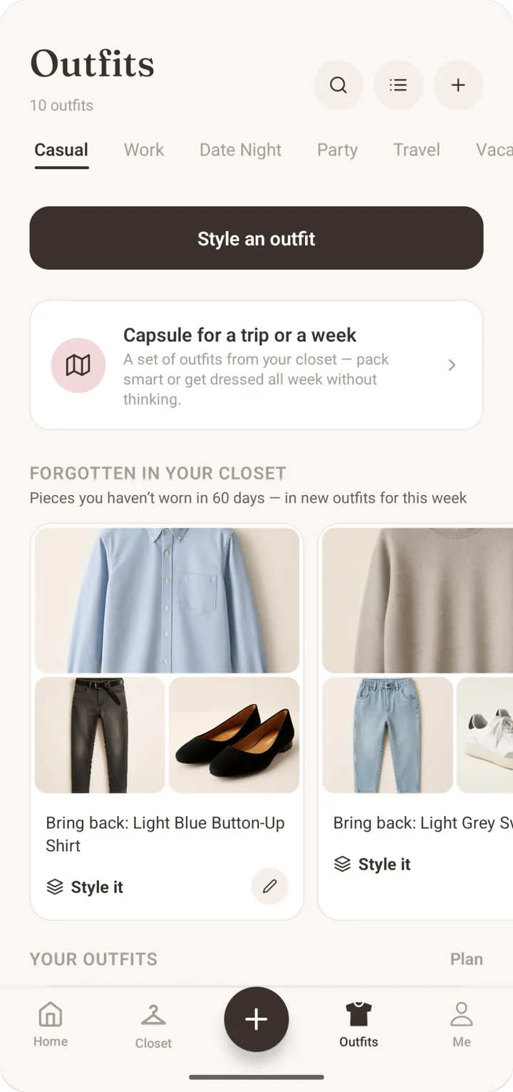 List of saved outfits in the Closie outfit planner