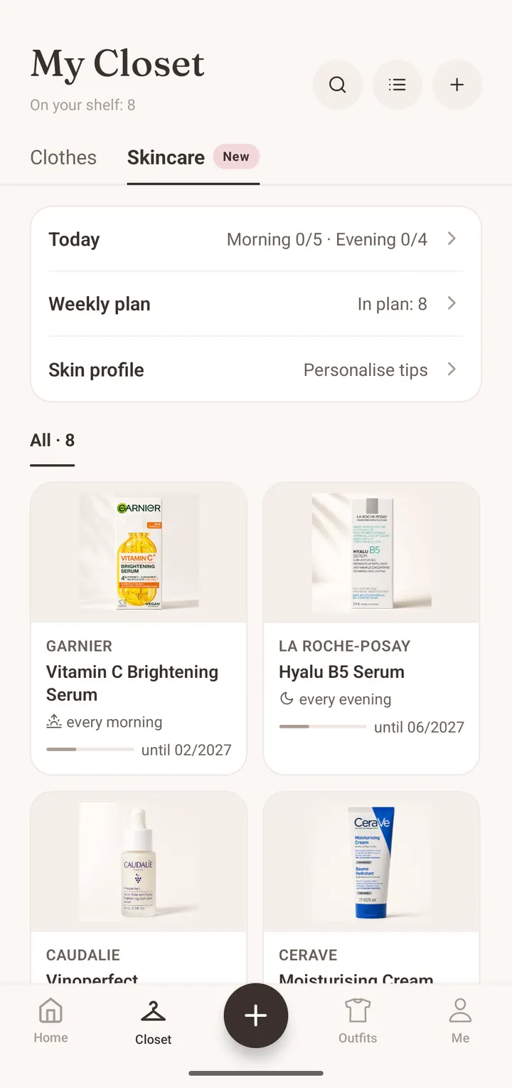 Closie Skincare shelf with products, routine times and use-by dates