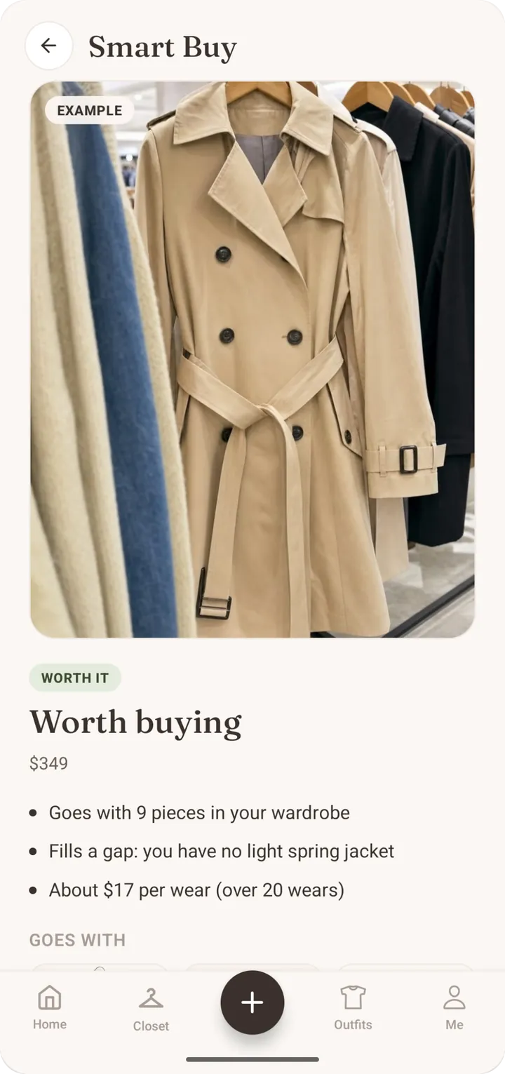 AI personal stylist checking a shop item against the wardrobe