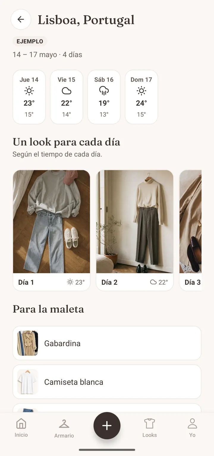 Plan de viaje en Closie con la previsión del tiempo y la lista de la maleta