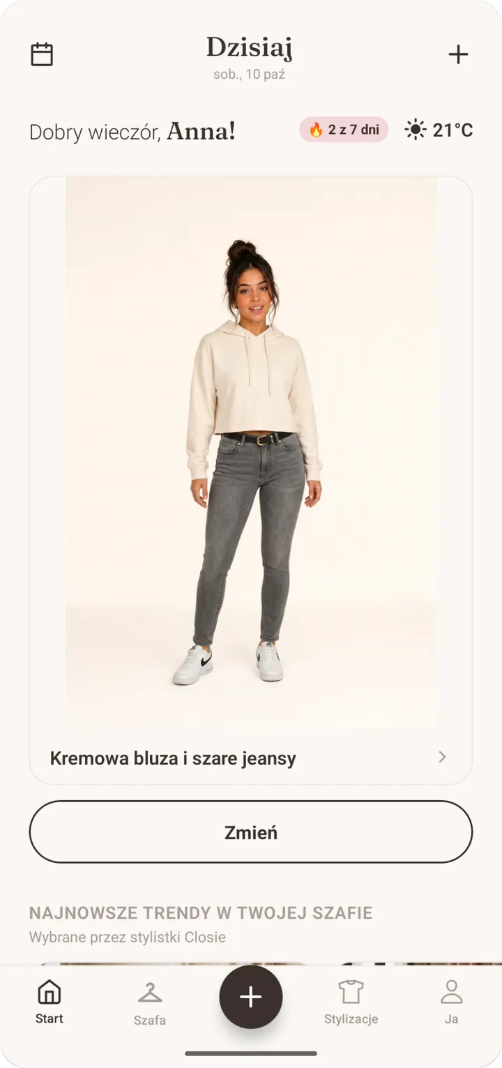Ekran główny aplikacji do stylizacji Closie z prognozą pogody i lookiem na dziś