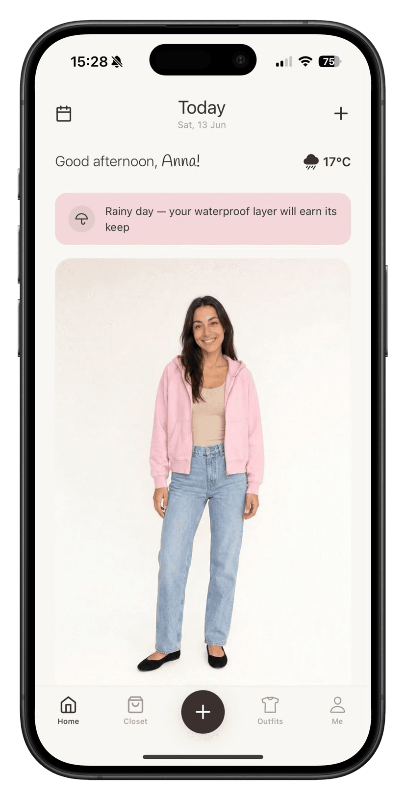 Closie home screen showing today's weather and outfit suggestion