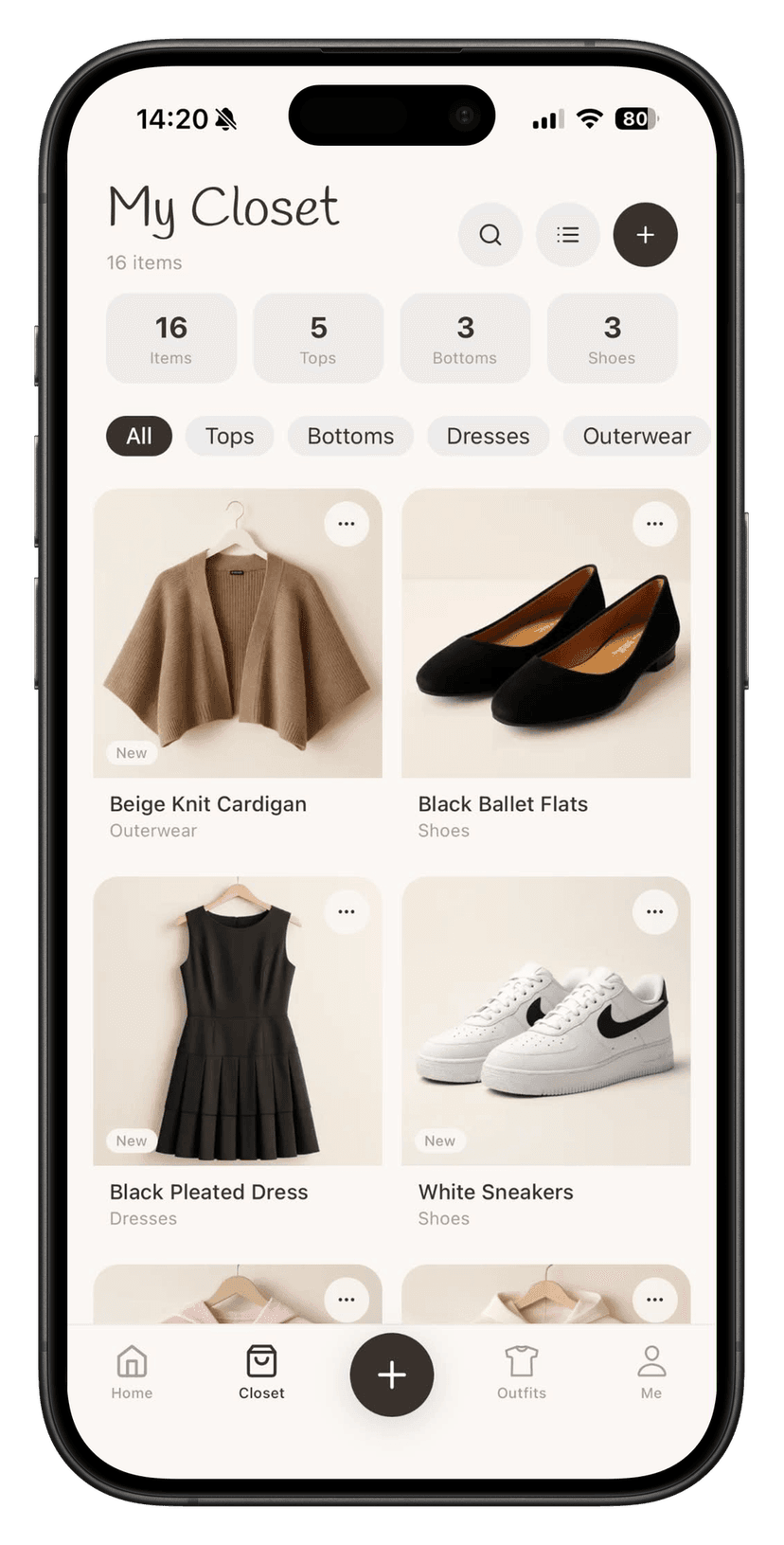 Closie showing a digital wardrobe catalogue with clothing items