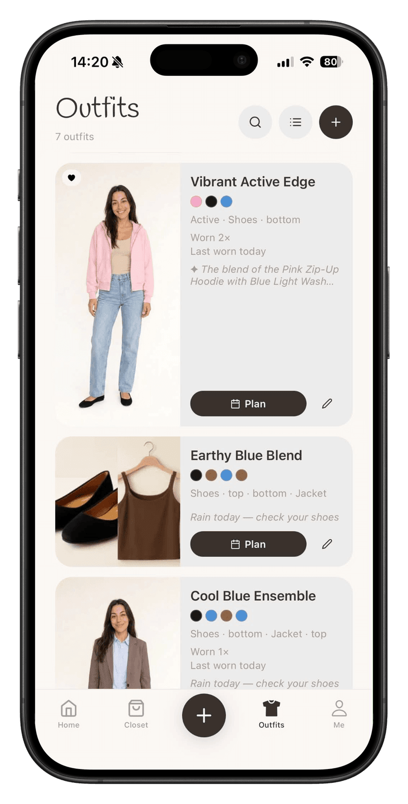 Closie outfits screen showing AI-generated outfit suggestions