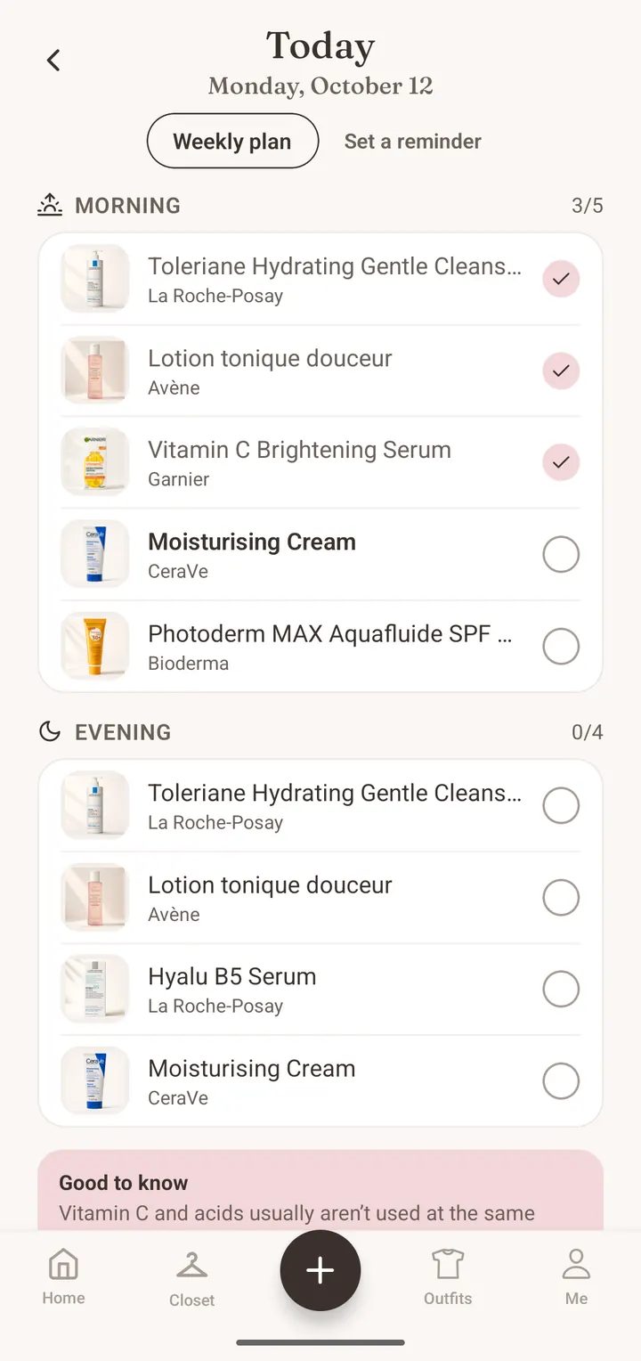 Closie Skincare Today screen with a morning and evening routine in order