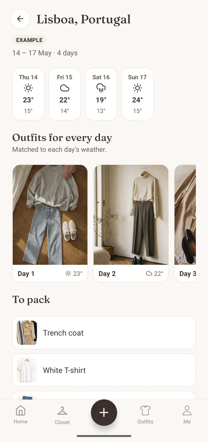 Closie trip planner with destination, dates, forecast and packing list