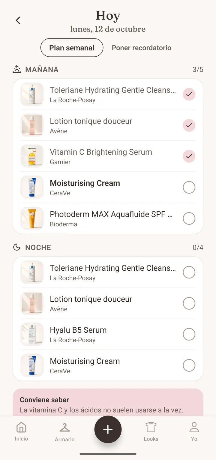 Plan de cuidado facial de mañana y noche en la app Closie